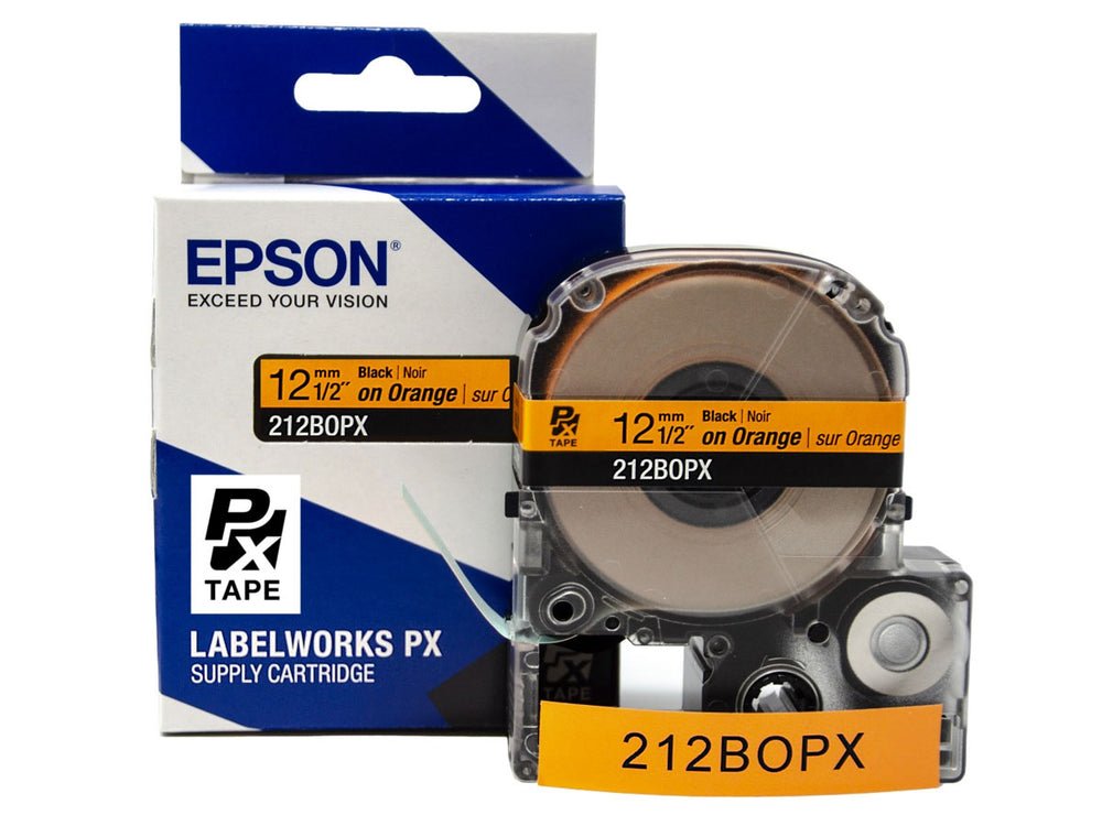 212BOPX — Epson LabelWorks 12mm 1/2" x 30' Black on Orange PET Tape