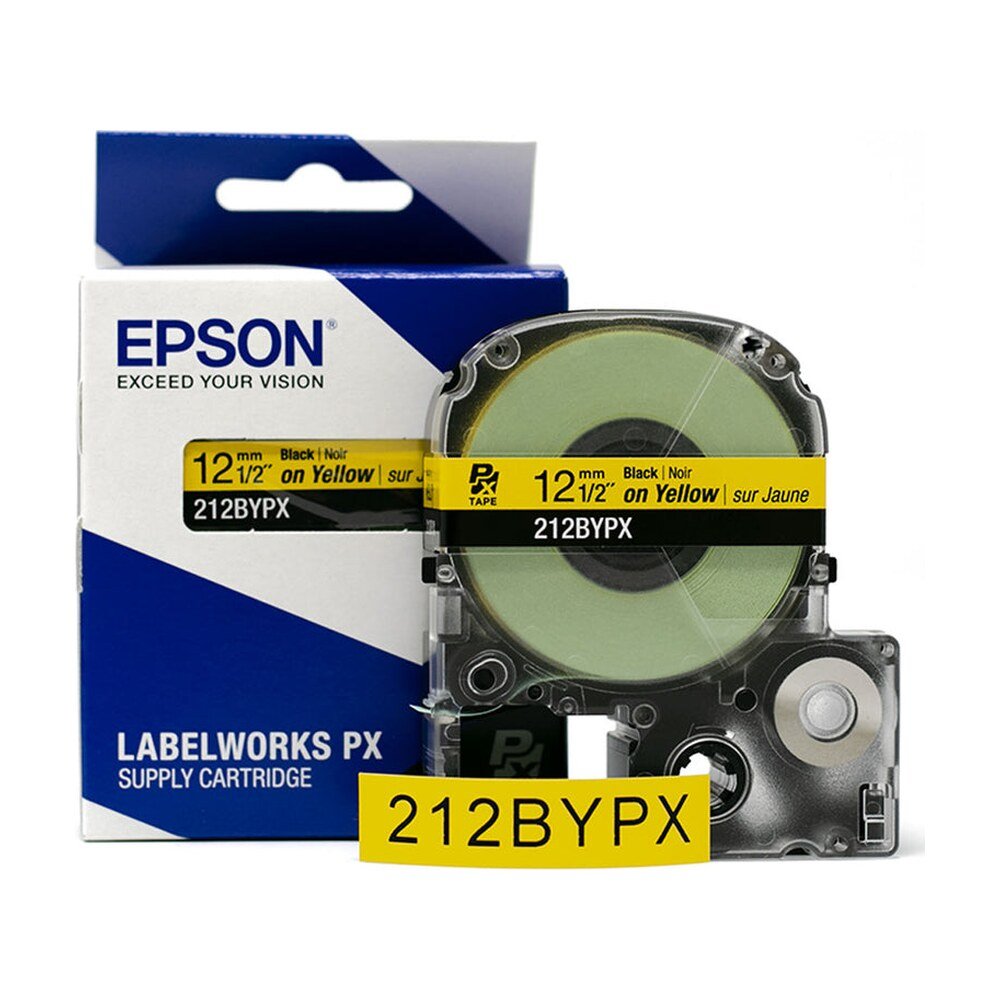 212BYPX — Epson LabelWorks 12mm 1/2" x 30' Black on Yellow PET Tape