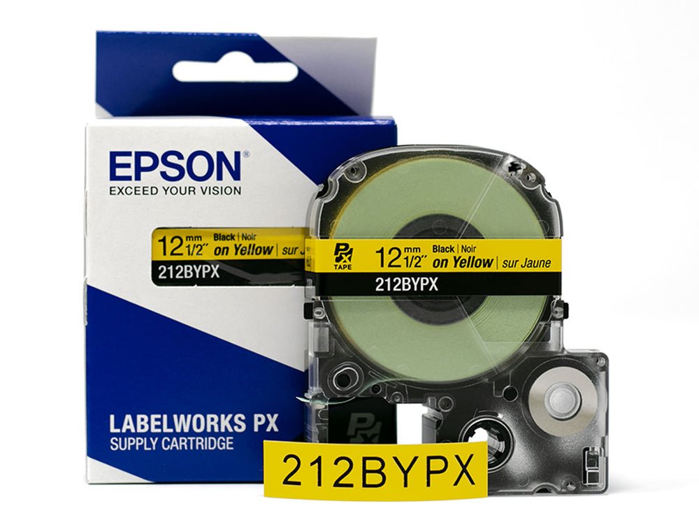 212BYPX — Epson LabelWorks 12mm 1/2" x 30' Black on Yellow PET Tape