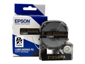 212GBPX — Epson LabelWorks 12mm 1/2" x 30' Gold on Black PET Tape Strong Adhesive