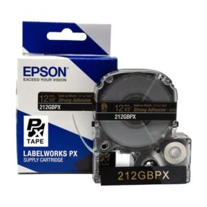212GBPX — Epson LabelWorks 12mm 1/2" x 30' Gold on Black PET Tape Strong Adhesive