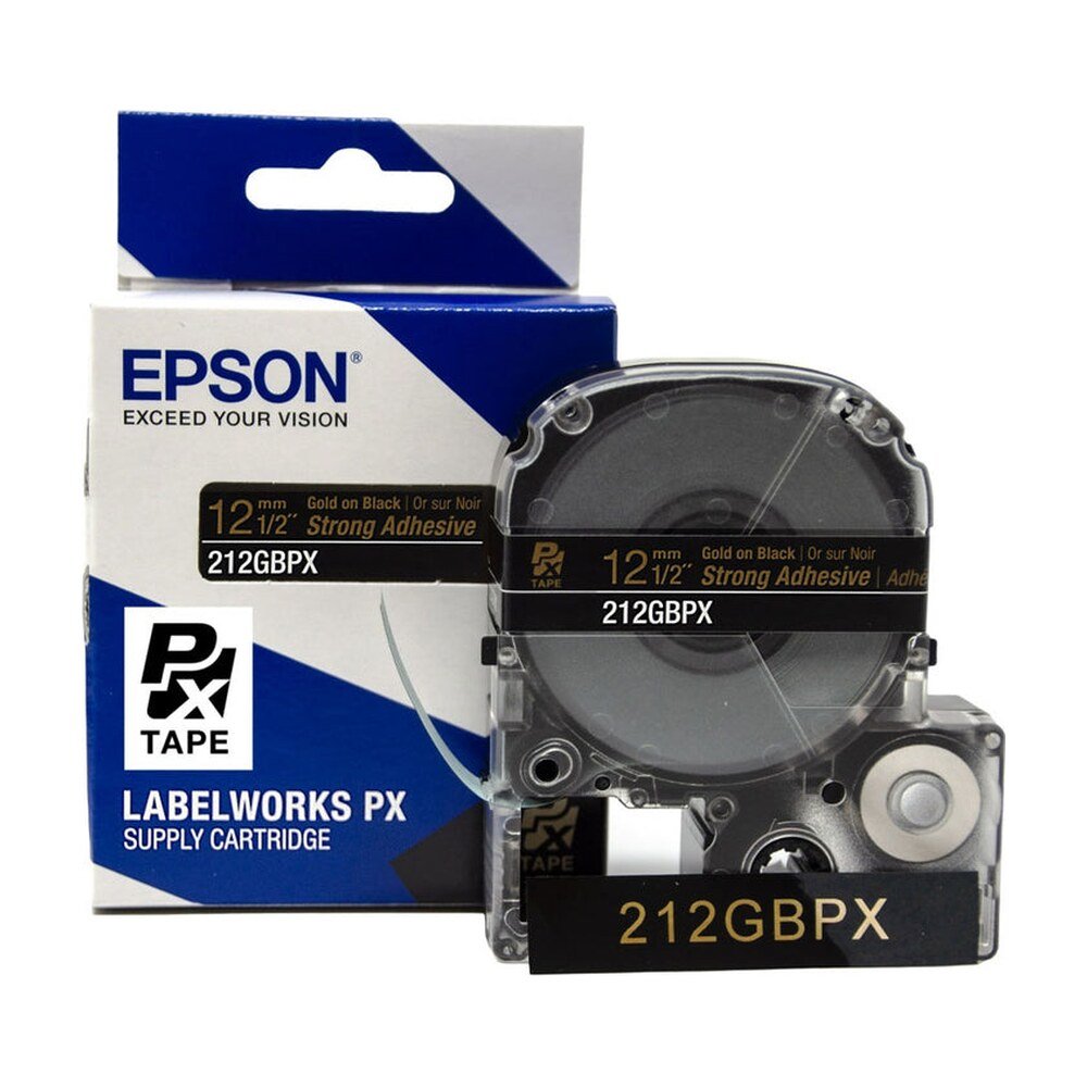 212GBPX — Epson LabelWorks 12mm 1/2" x 30' Gold on Black PET Tape Strong Adhesive