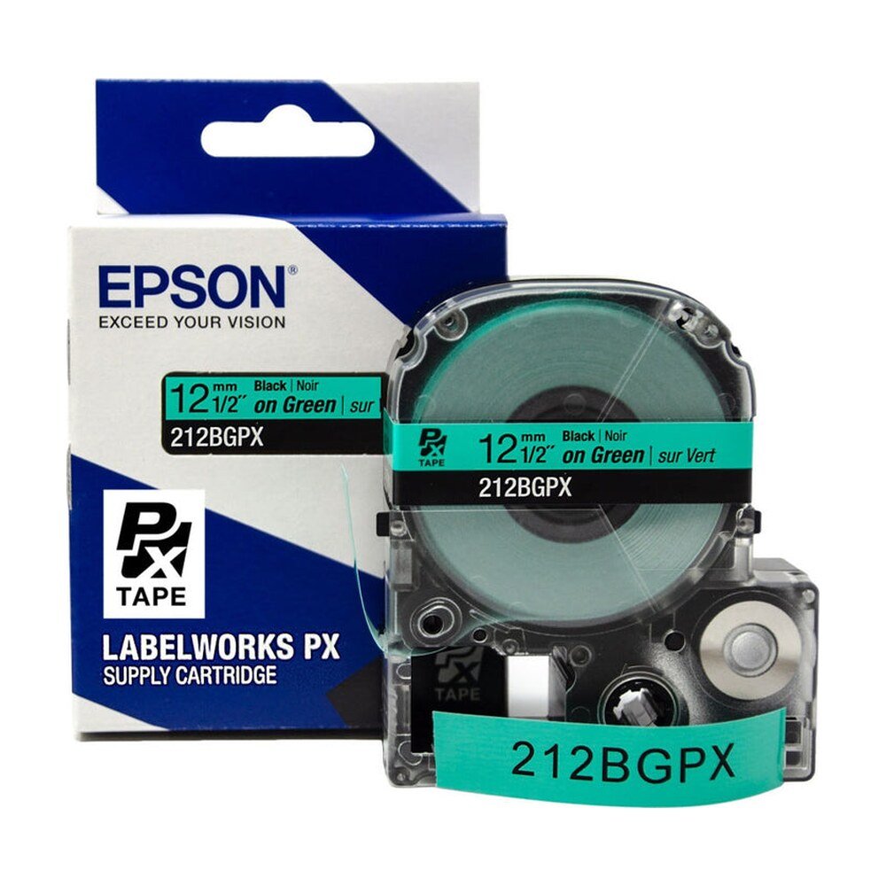 212BGPX — Epson LabelWorks 12mm 1/2" x 30' Black on Green PET Tape