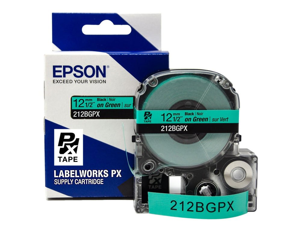 212BGPX — Epson LabelWorks 12mm 1/2" x 30' Black on Green PET Tape
