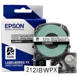 212IBWPX — Epson LabelWorks 12mm 1/2" x 30' Black on White PET Tape Strong Adhesive