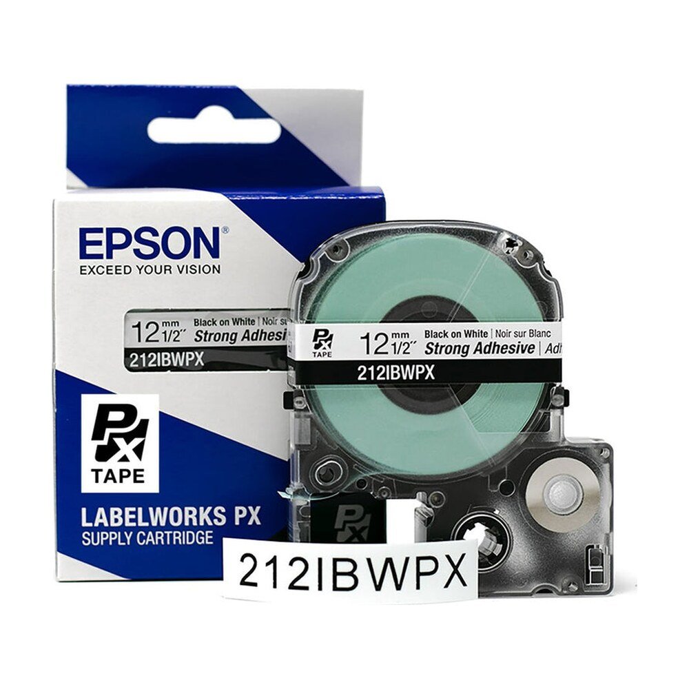 212IBWPX — Epson LabelWorks 12mm 1/2" x 30' Black on White PET Tape Strong Adhesive