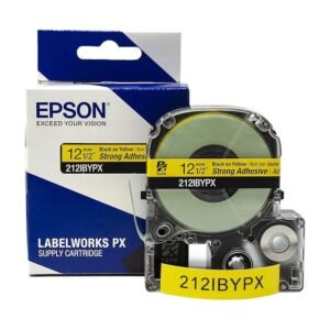 212IBYPX — Epson LabelWorks 12mm 1/2" x 30' Black on Yellow PET Tape Strong Adhesive