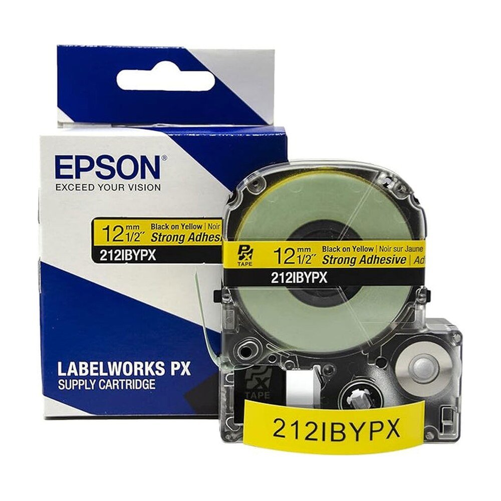 212IBYPX — Epson LabelWorks 12mm 1/2" x 30' Black on Yellow PET Tape Strong Adhesive
