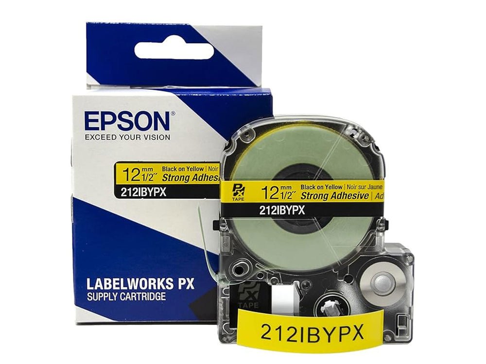 212IBYPX — Epson LabelWorks 12mm 1/2" x 30' Black on Yellow PET Tape Strong Adhesive