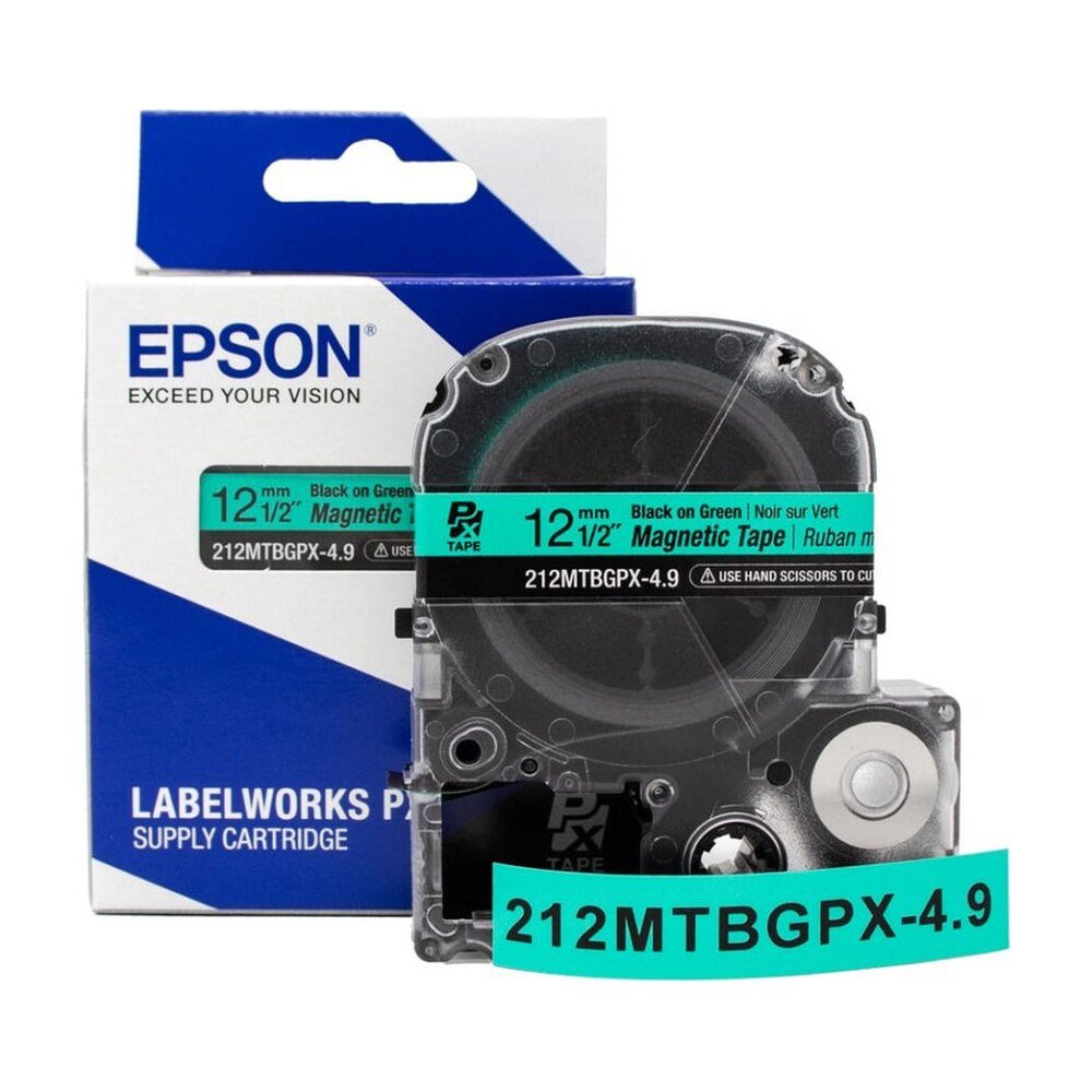 212MTBGPX-4.9 — Epson LabelWorks 12mm 1/2" x 4.92' Black on Green Magnet Tape
