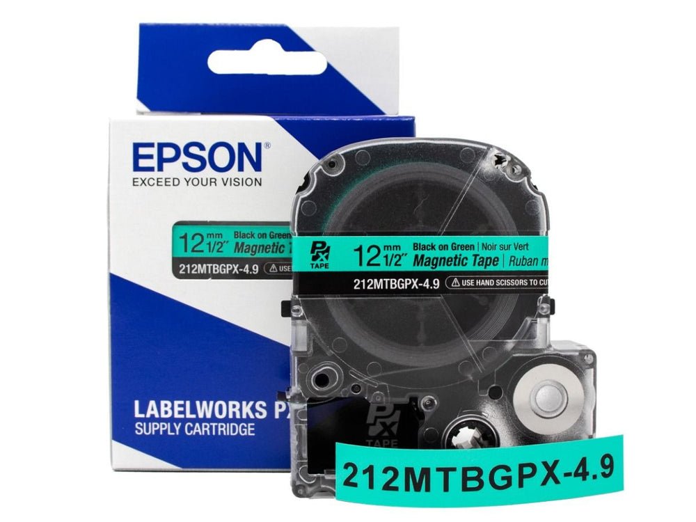 212MTBGPX-4.9 — Epson LabelWorks 12mm 1/2" x 4.92' Black on Green Magnet Tape