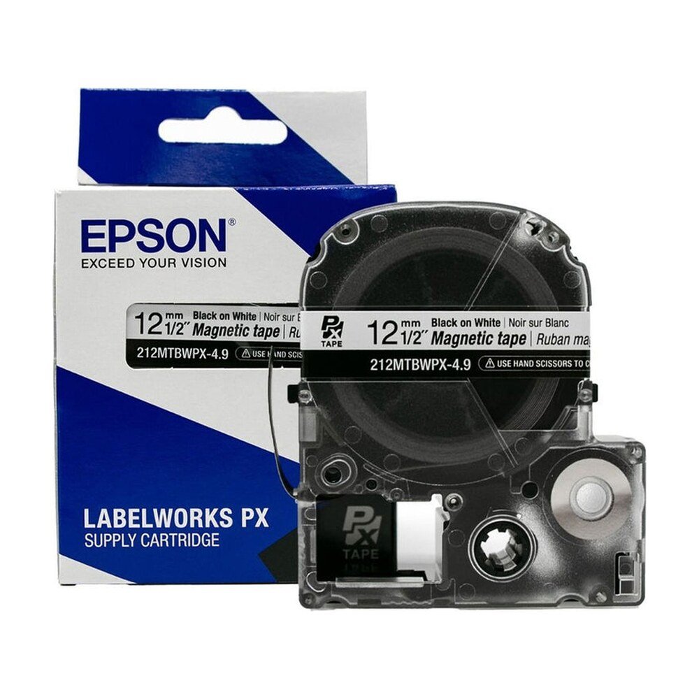 212MTBWPX-4.9 — Epson LabelWorks 12mm 1/2" x 4.92' Black on White Magnet Tape