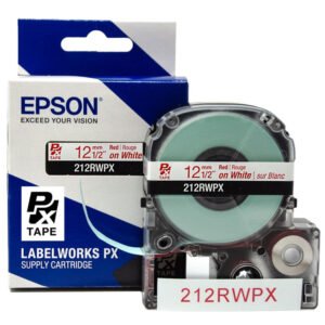 212RWPX — Epson LabelWorks 12mm 1/2" x 30' Red on White PET Tape