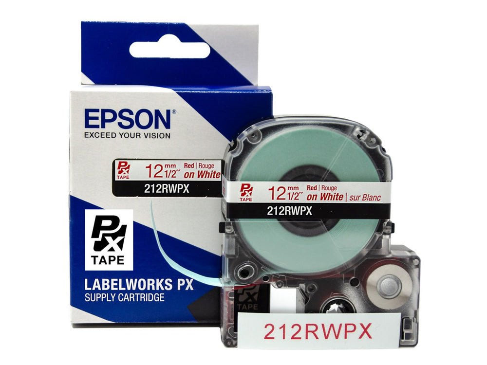 212RWPX — Epson LabelWorks 12mm 1/2" x 30' Red on White PET Tape