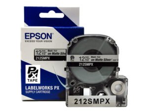 212SMPX — Epson LabelWorks 12mm 1/2" x 30' Black on Silver Matte PET Tape