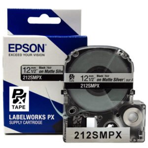 212SMPX — Epson LabelWorks 12mm 1/2" x 30' Black on Silver Matte PET Tape