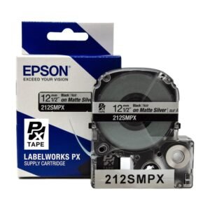 212SMPX — Epson LabelWorks 12mm 1/2" x 30' Black on Silver Matte PET Tape