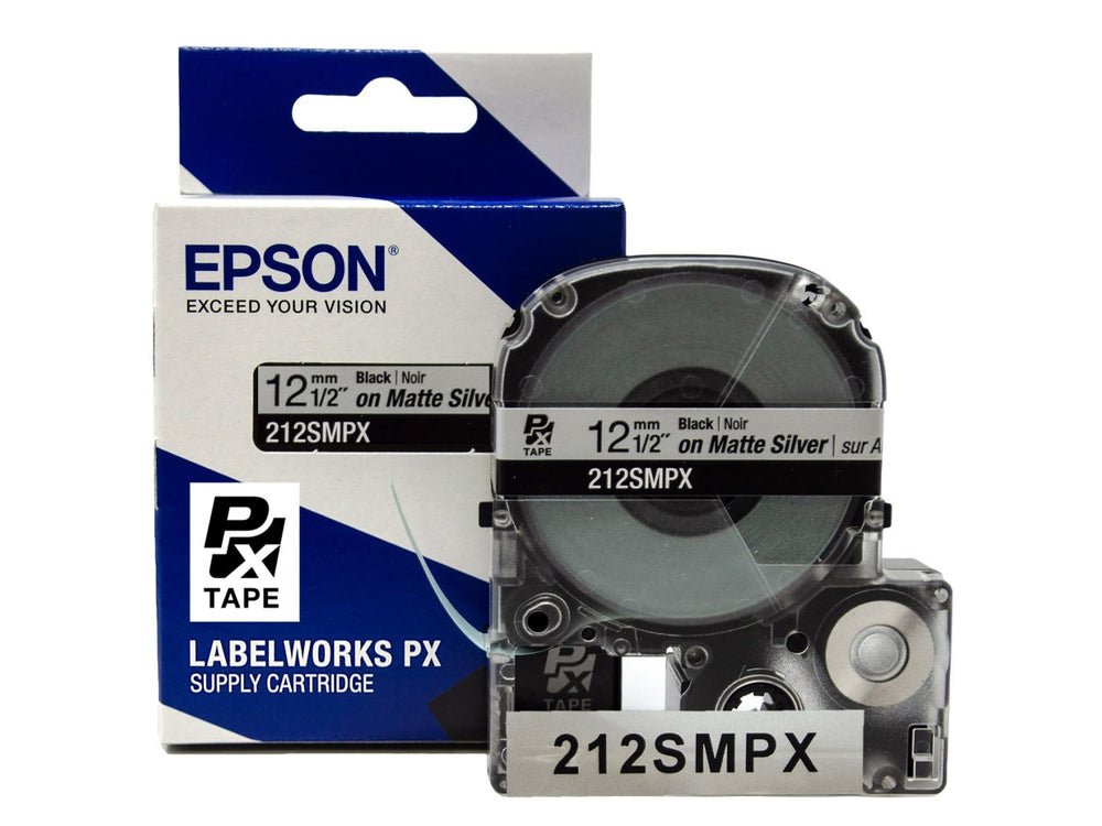 212SMPX — Epson LabelWorks 12mm 1/2" x 30' Black on Silver Matte PET Tape