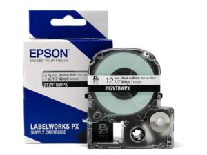 212VTBWPX — Epson LabelWorks 12mm 1/2" x 22.9' Black on White Vinyl Tape