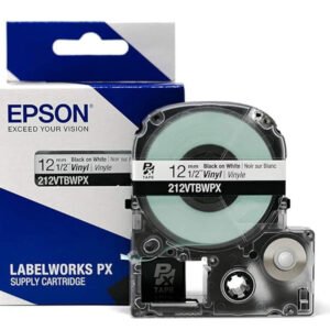 212VTBWPX — Epson LabelWorks 12mm 1/2" x 22.9' Black on White Vinyl Tape