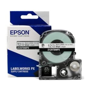 212VTBWPX — Epson LabelWorks 12mm 1/2" x 22.9' Black on White Vinyl Tape