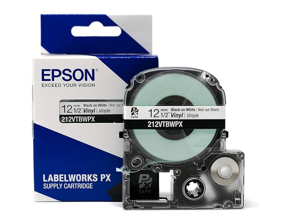 212VTBWPX — Epson LabelWorks 12mm 1/2" x 22.9' Black on White Vinyl Tape