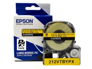 212VTBYPX — Epson LabelWorks 12mm 1/2" x 22.9' Black on Yellow Vinyl Tape