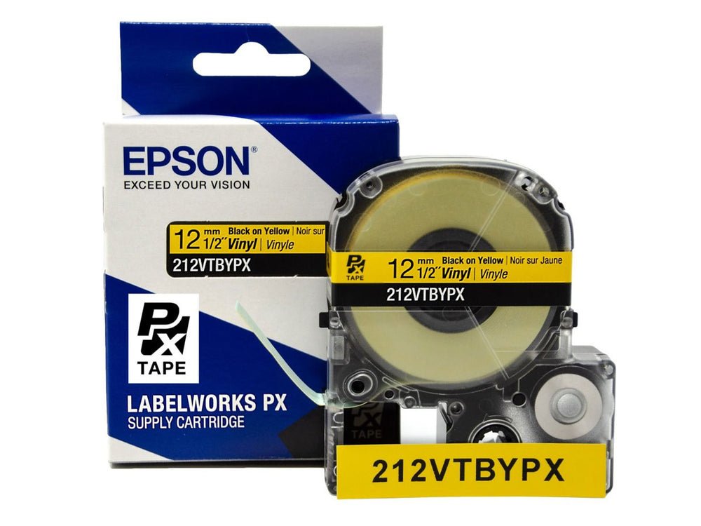 212VTBYPX — Epson LabelWorks 12mm 1/2" x 22.9' Black on Yellow Vinyl Tape