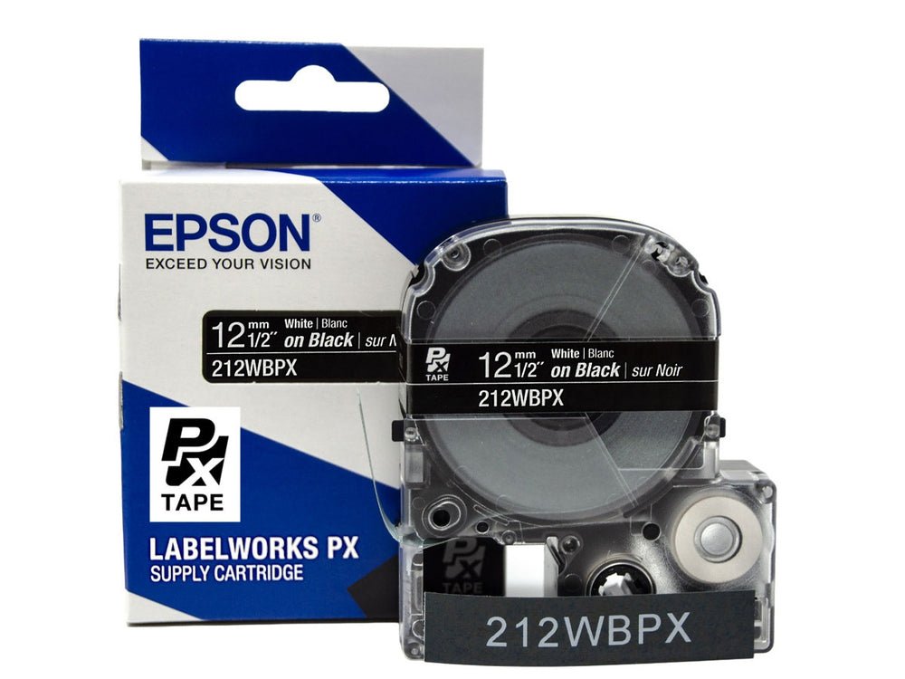 212WBPX — Epson LabelWorks 12mm 1/2" x 30' White on Black PET Tape