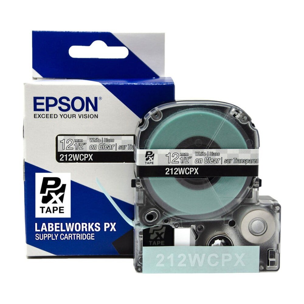 212WCPX — Epson LabelWorks 12mm 1/2" x 30' White on Clear PET Tape