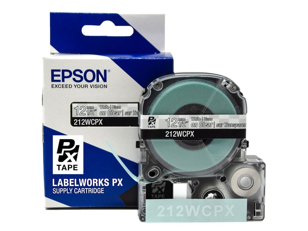 212WCPX — Epson LabelWorks 12mm 1/2" x 30' White on Clear PET Tape