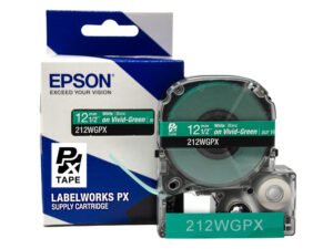 212WGPX — Epson LabelWorks 12mm 1/2" x 30' White on Vivid-Green PET Tape