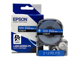 212WLPX — Epson LabelWorks 12mm 1/2" x 30' White on Vivid-Blue PET Tape