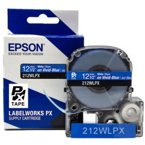 212WLPX — Epson LabelWorks 12mm 1/2" x 30' White on Vivid-Blue PET Tape