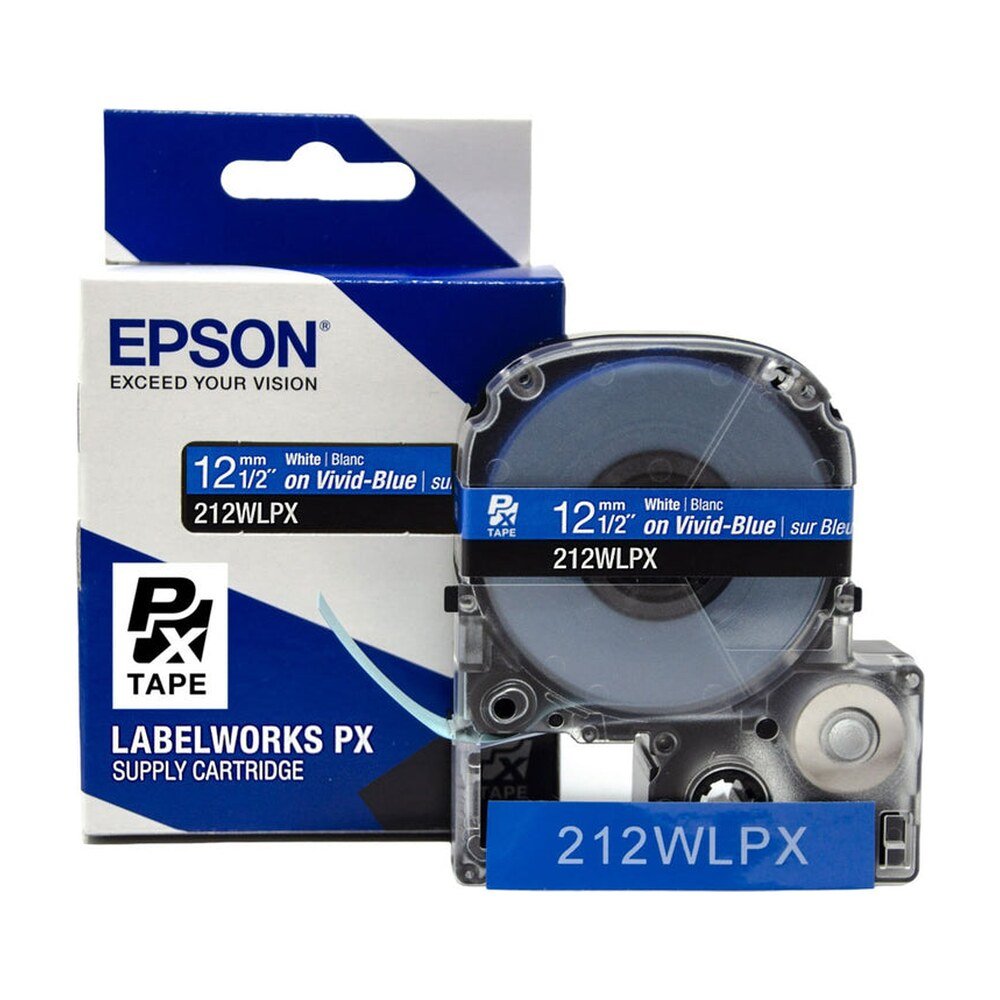 212WLPX — Epson LabelWorks 12mm 1/2" x 30' White on Vivid-Blue PET Tape