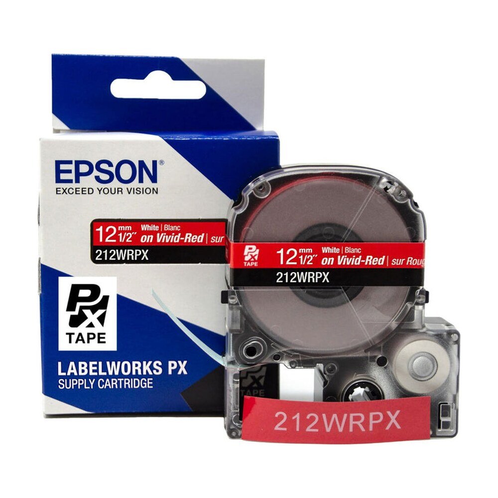 212WRPX — Epson LabelWorks 12mm 1/2" x 30' White on Vivid-Red PET Tape