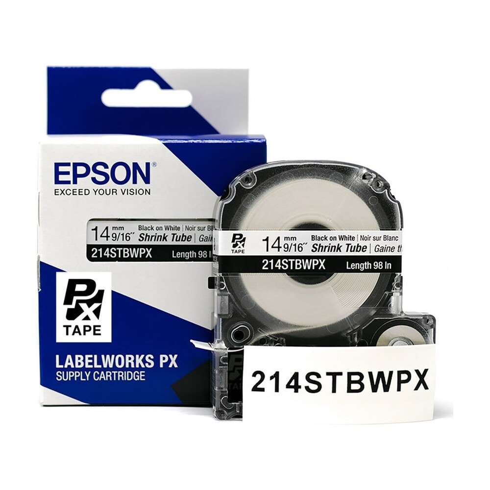 214STBWPX — Epson LabelWorks 14mm 9/16" AWG 0-5 Black on White Shrink Tube 98"