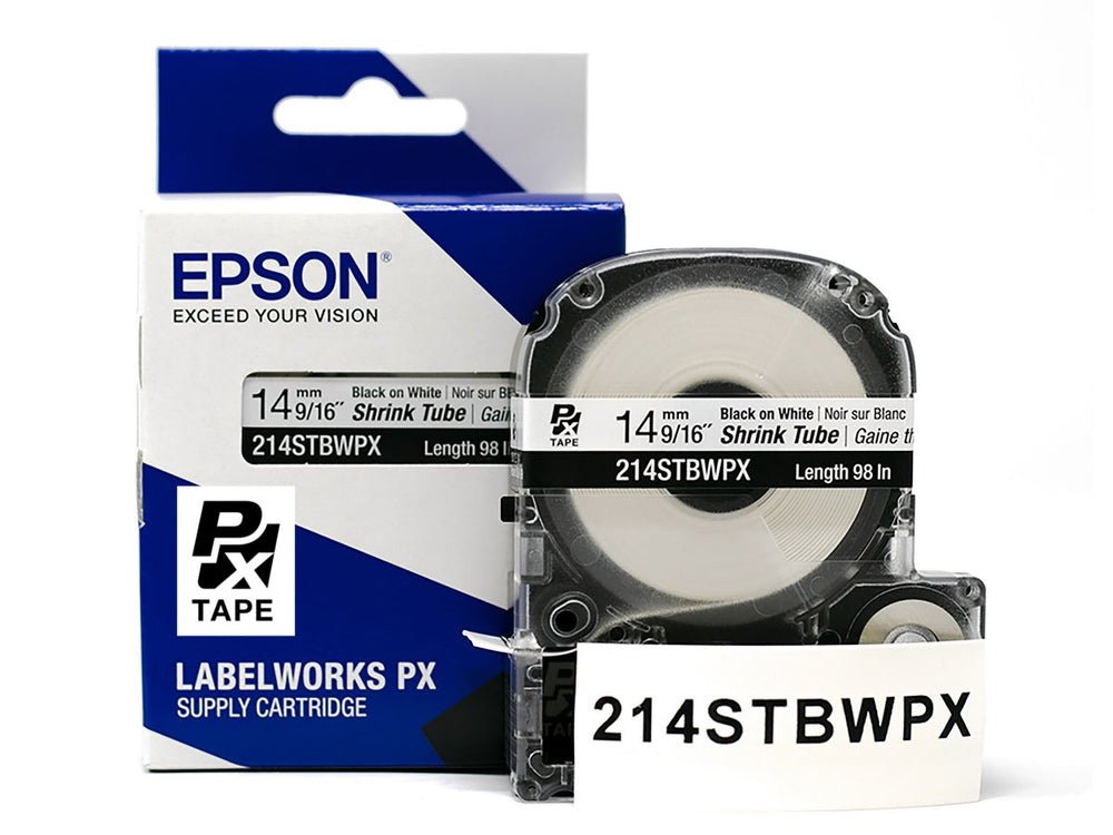 214STBWPX — Epson LabelWorks 14mm 9/16" AWG 0-5 Black on White Shrink Tube 98"