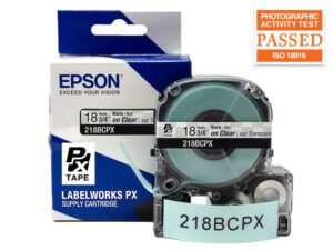 218BCPX — Epson LabelWorks 18mm 3/4" x 30' Black on Clear PET Tape