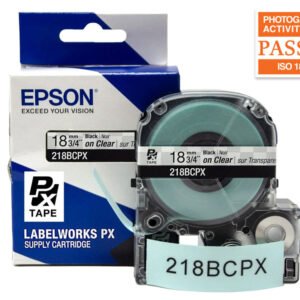 218BCPX — Epson LabelWorks 18mm 3/4" x 30' Black on Clear PET Tape