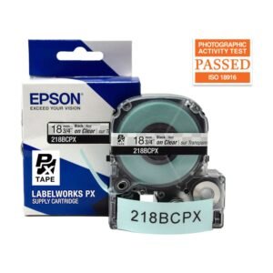 218BCPX — Epson LabelWorks 18mm 3/4" x 30' Black on Clear PET Tape