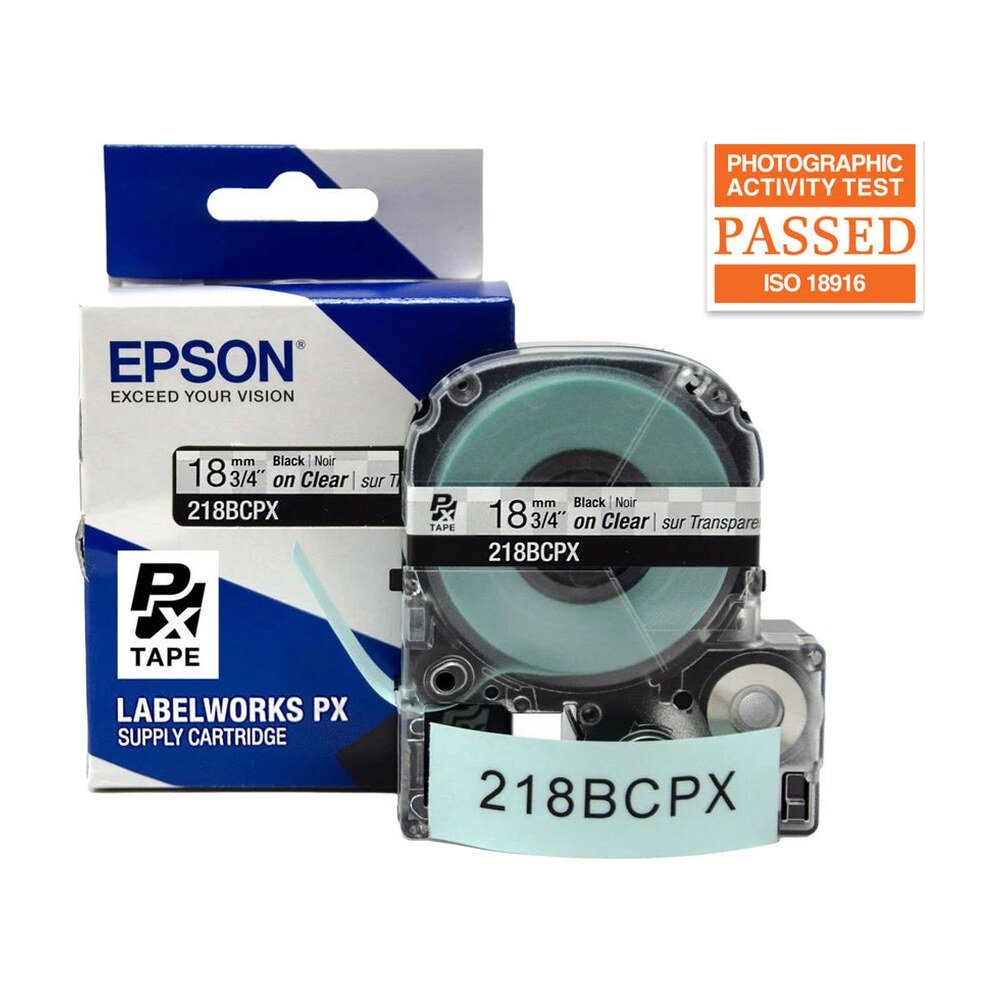 218BCPX — Epson LabelWorks 18mm 3/4" x 30' Black on Clear PET Tape