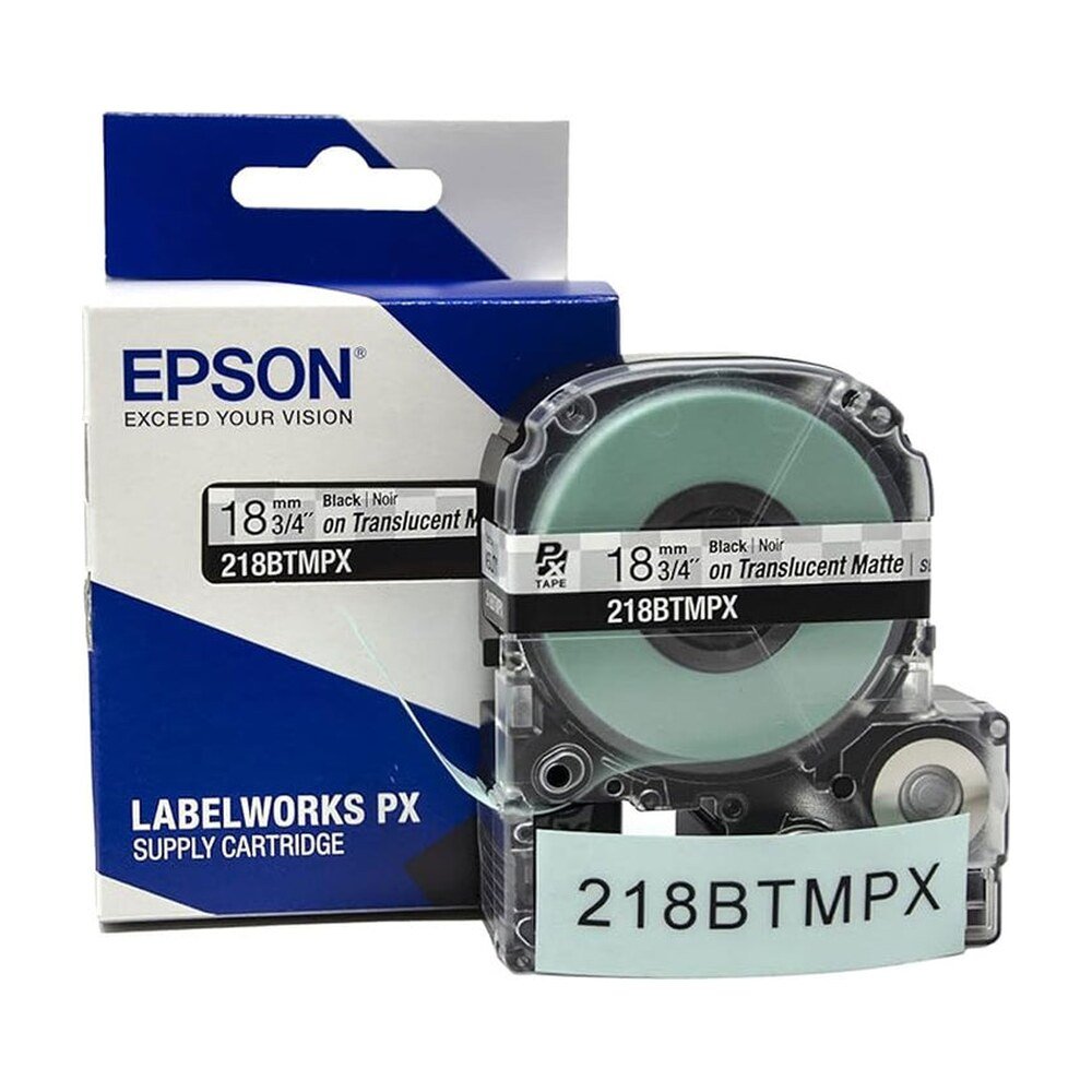 218BTMPX — Epson LabelWorks 18mm 3/4" x 30' Black on Translucent Matte PET Tape