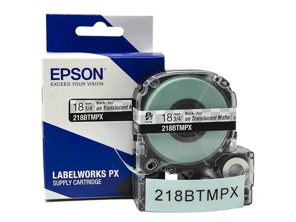 218BTMPX — Epson LabelWorks 18mm 3/4" x 30' Black on Translucent Matte PET Tape