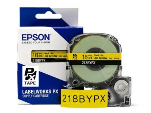 218BYPX — Epson LabelWorks 18mm 3/4" x 30' Black on Yellow PET Tape