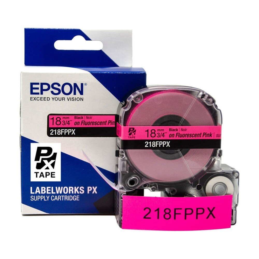 218FPPX — Epson LabelWorks 18mm 3/4" x 30' Black on Fluorescent Pink PET Tape