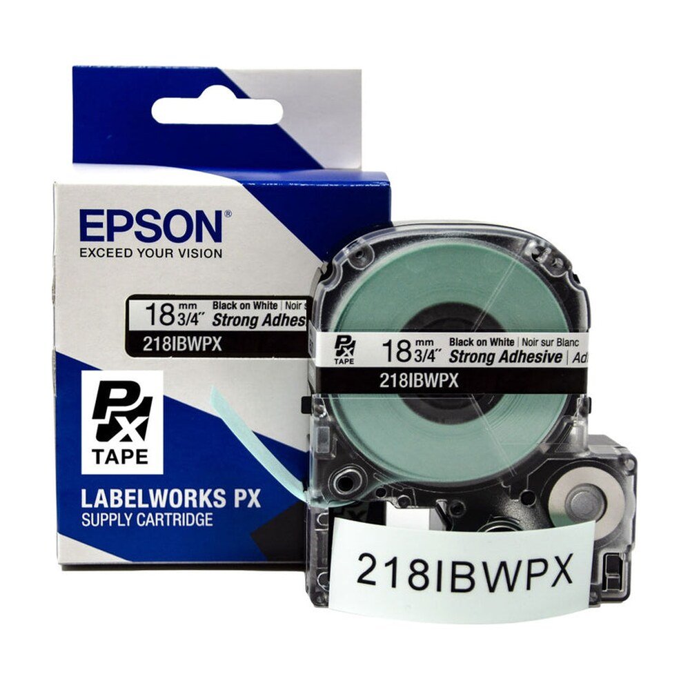 218IBWPX — Epson LabelWorks 18mm 3/4" x 30' Black on White PET Tape Strong Adhesive