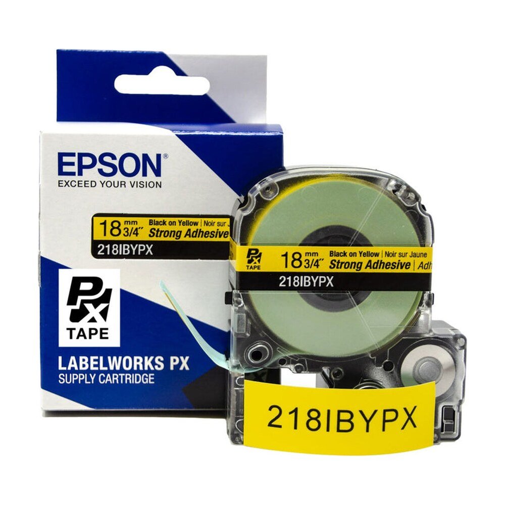 218IBYPX — Epson LabelWorks 18mm 3/4" x 30' Black on Yellow PET Tape Strong Adhesive