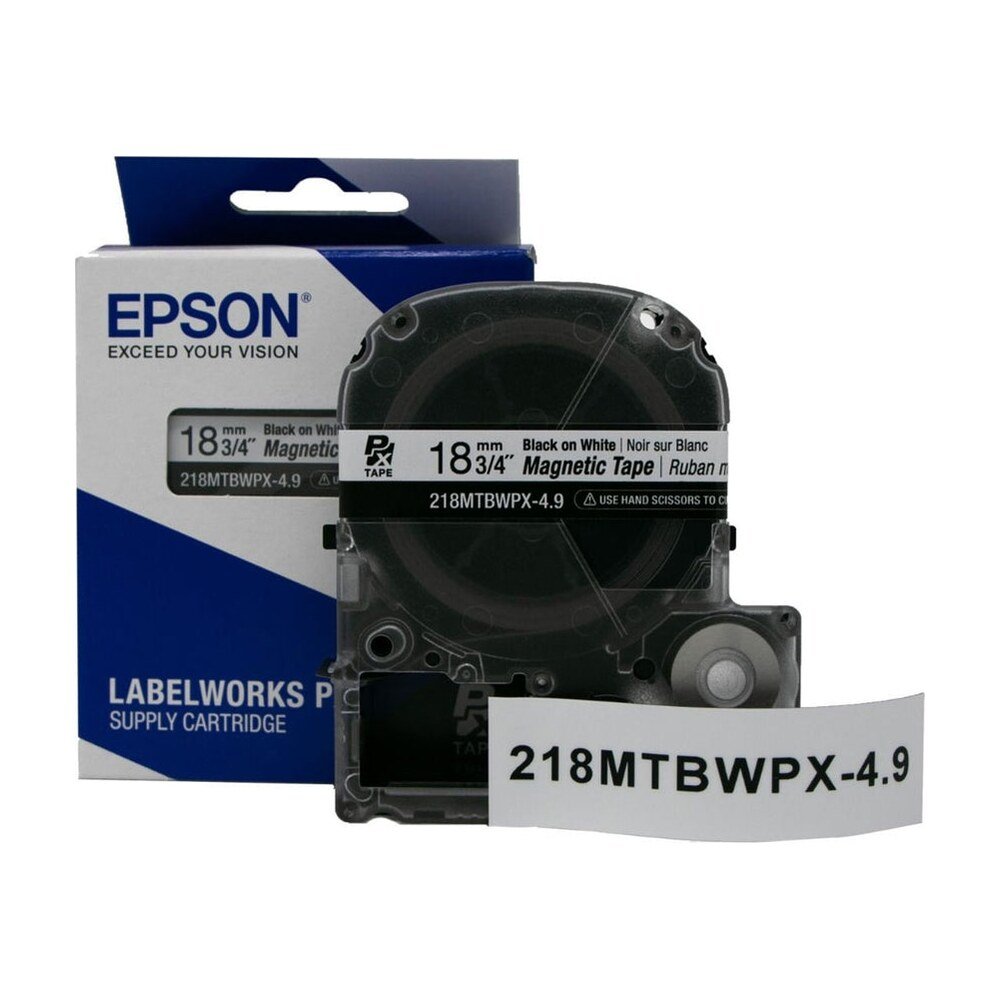 218MTBWPX-4.9 — Epson LabelWorks 18mm 3/4" x 4.9' Black on White Magnet Tape