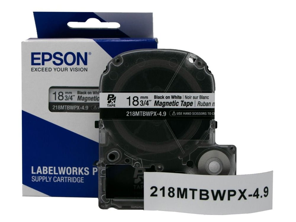 218MTBWPX-4.9 — Epson LabelWorks 18mm 3/4" x 4.9' Black on White Magnet Tape